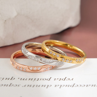 European and American Cross-Border Curved Edge Diamond-Encrusted Titanium Steel Ring, Accessible Luxury Niche, Asymmetrical Design, Index Finger and Middle Finger Ring, Non-Fading
