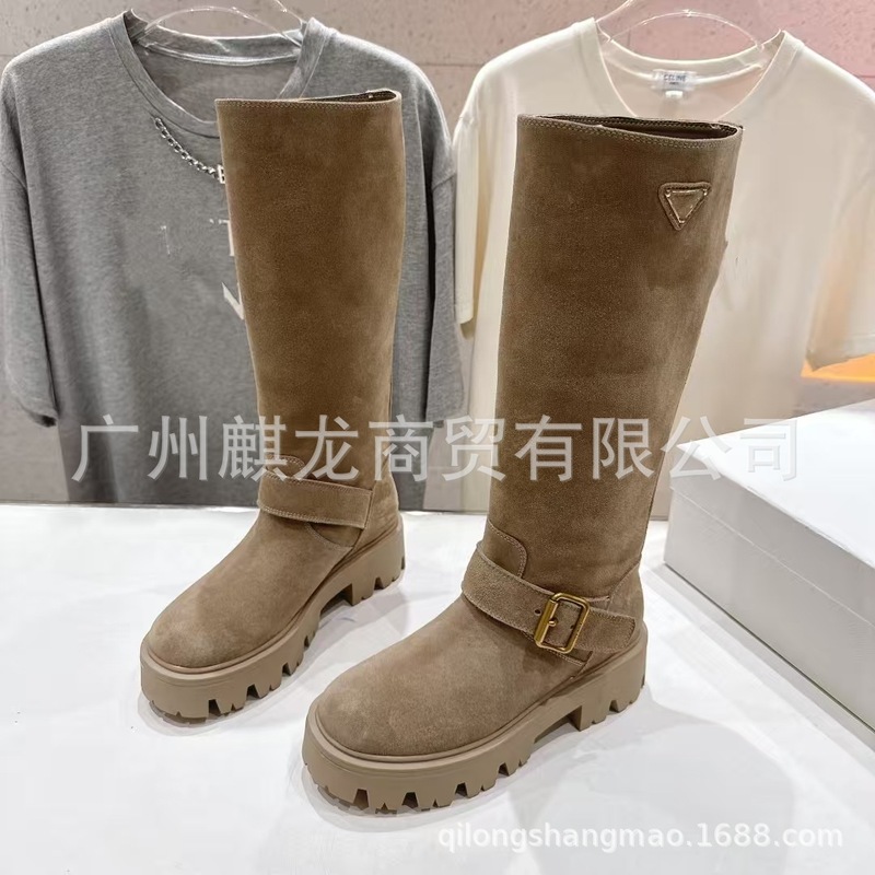 高端2025秋冬三角扣磨砂真皮圆头复古厚底增高显瘦高筒骑士靴长靴|undefined