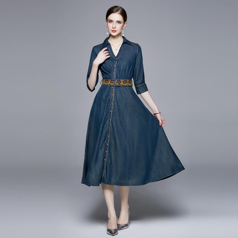 Denim Dress Women's 2023 Autumn New Women's Mid-length Spring Skirt Retro Large Swing Dress Fashion