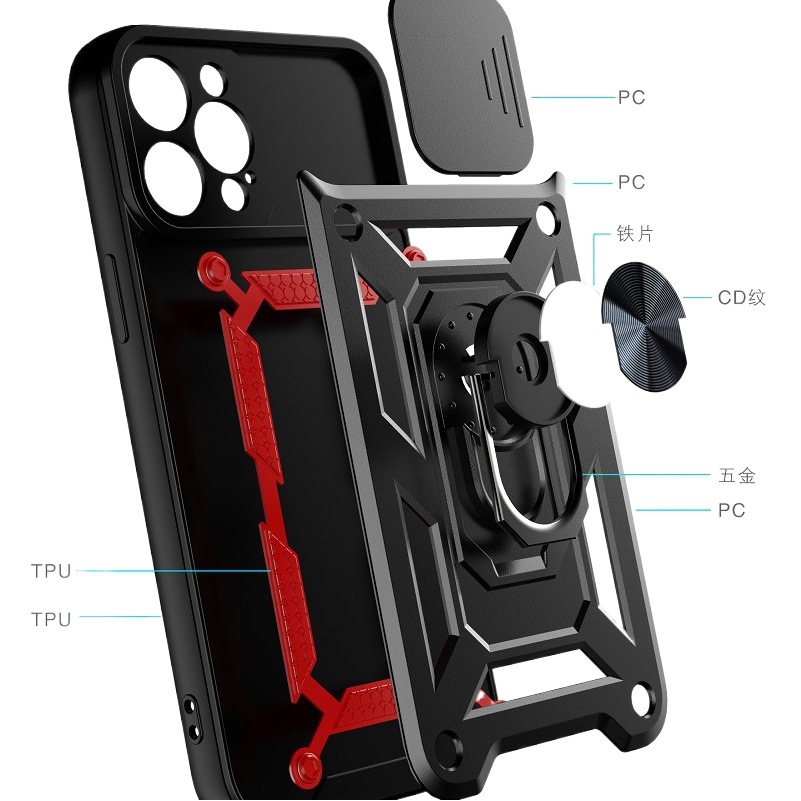 Funda para iPhone 17 Pro con ventana deslizante, soporte para coche tipo armadura para Apple 15, cubierta protectora con anillo X de grado militar para 16.