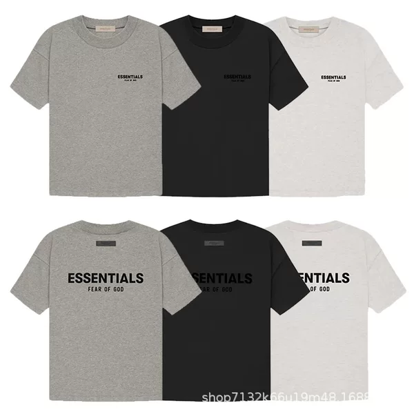 Essentials Double-Line American-Style Front and Back Letter Flocking Summer Miki High Street Unisex Pure Cotton Short-Sleeve T-Shirt