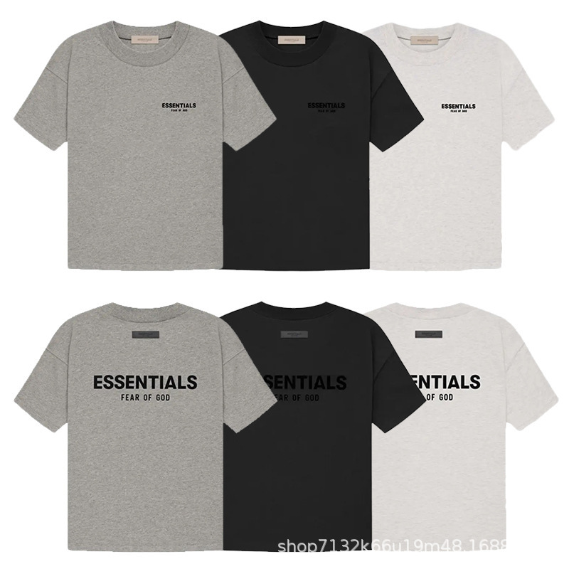 Essentials Double-Line American-Style Front and Back Letter Flocking Summer Miki High Street Unisex Pure Cotton Short-Sleeve T-Shirt Essentials Double-Line American-Style Front and Back Letter Flocking Summer Miki High Street Unisex Pure Cotton Short-Sleeve T-Shirt