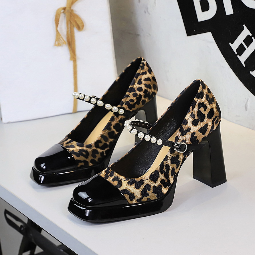 9988 Leopard Print High Women's Square Toe Waterproof Platform Bow Strap Pearl Color Block Chunky Heel Mary Jane Shoes_vogvips.com