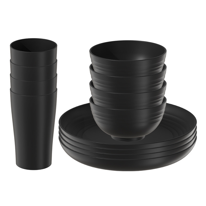 Cross-Border Amazon Plastic Plates, Bowls and Cups, Black Tableware, Home Dining Plates, Water Cups, Salad Bowls, 12-Piece Set with Printable Logo