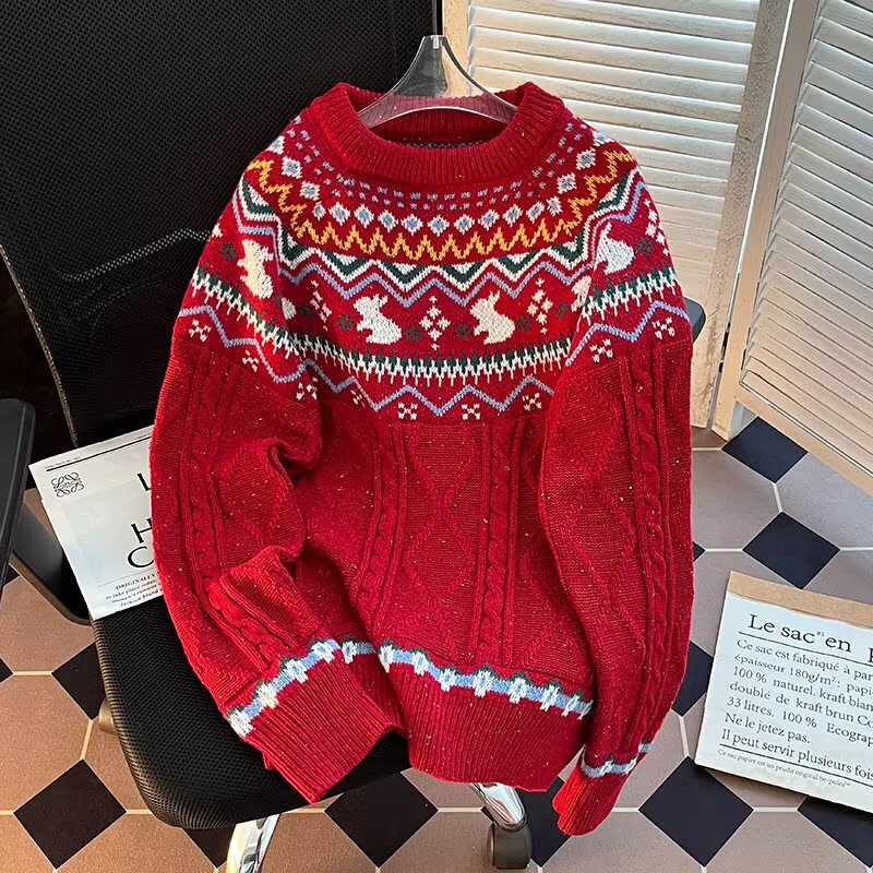 New Year red festive atmosphere knitwear couple's casual oversized sweater for men, manufacturer wholesale and direct delivery New Year red festive atmosphere knitwear couple's casual oversized sweater for men, manufacturer wholesale and direct delivery