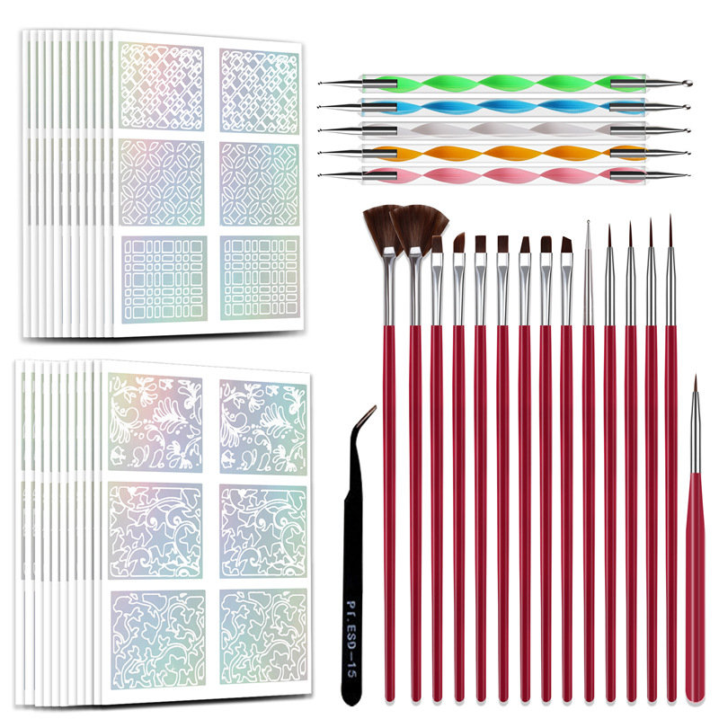 Transfronterizo Venta caliente herramientas de uñas traje 15 color pintura bolígrafos 5 pivote taladro bolígrafos 24 láser hueco pegatinas traje