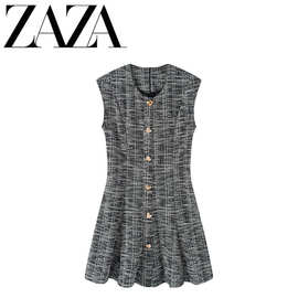 ZAZA 自制欧美风 批发女装 尚百搭气质无袖圆领纹理滑冰款连衣裙