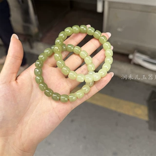 厂家批发天然冰底和田玉青黄口渐变直切手串7*8老型珠桶珠手链