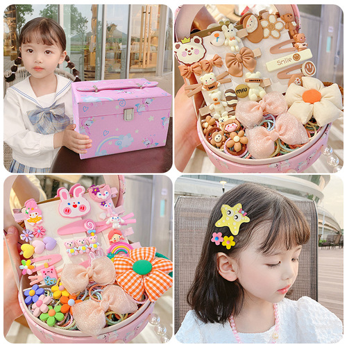 Girls Headwear Gift Box Set Pink Hairpins Korean Princess Flower Lace Elastic Hair Band Children's Day Hair Accessories 