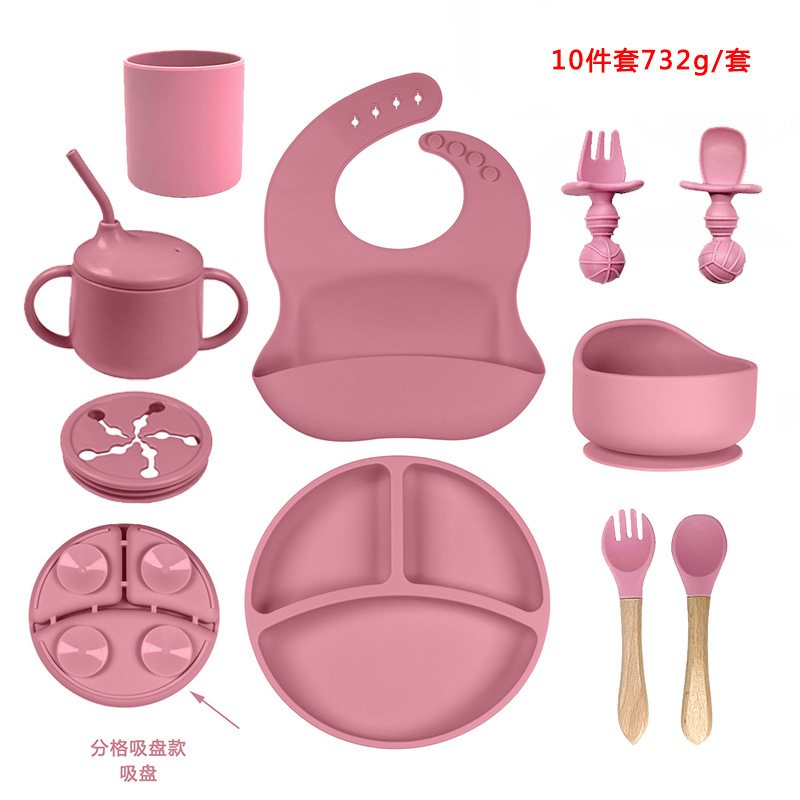 Bebé de silicona plato bebé ventosa compartimento tazón tenedor cuchara babero auto-alimentación niños suplemento alimenticio traje vajilla