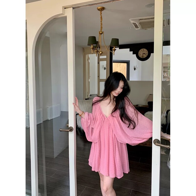 Resort Style Pink V-Neck Long-Sleeved Dress for Women, Summer French Style Loose Casual Skirt, Gentle and Slimming A-Line Short Skirt
