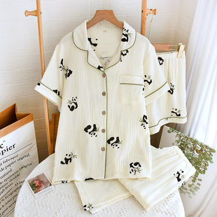 2023 New Crepe Panda Suit Collar Three-piece Pajamas Spring and Autumn Short-sleeved Shorts Trousers Women's Home Clothes