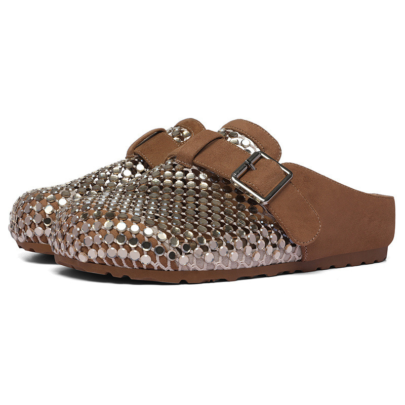 Giày sandal nữ hở mũi đính đá pha lê Burken mùa hè 2026, dáng nửa dép đi làm tiện lợi — 6099 lạc đà, 6099 Vàng