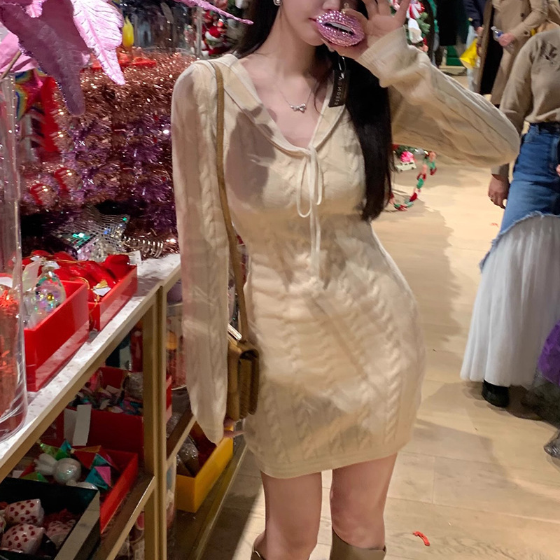 Navy Collar Head Wool Navy Collar Knitted Slim Dress V Neck Tie