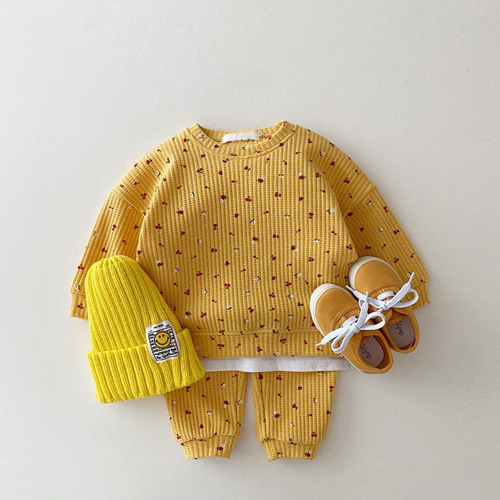 Ins Korean Version Baby and Children's Clothing Honeycomb Sweatshirt Casual Set Spring Girl's Fashion Floral Two-Piece Set