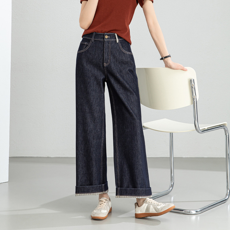 Xingge Denim Blue Draped Straight Wide-Leg Jeans for Women, New Spring and Autumn High-Waisted Loose Fit Cropped Pants for Petite Sizes