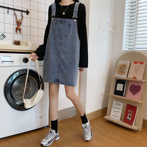 Autumn Korean Version Ins Retro High-Waist Loose Denim Belted Dress for Women, Versatile Design, Slimming, One-Piece Short Skirt Trend