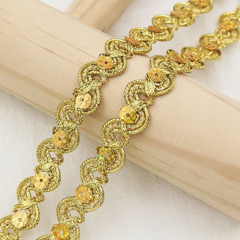 Cinta ondulada en forma de S de alambre de oro y plata de 1,5 cm, lentejuelas de ciruela láser, decoración de linterna de encaje, accesorios de ropa de escenario