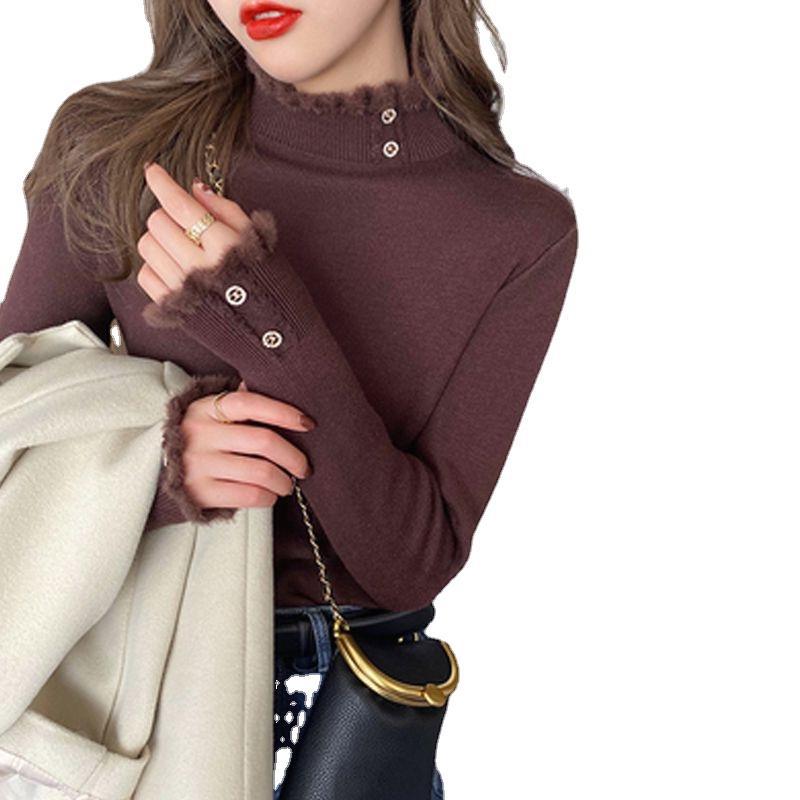 [シープカシミア] カシミアレディースセーター、ハーフタートルネック、ベルベット厚手セーター、暖かいオールインワンベルベットインナー、ウールボトムシャツ