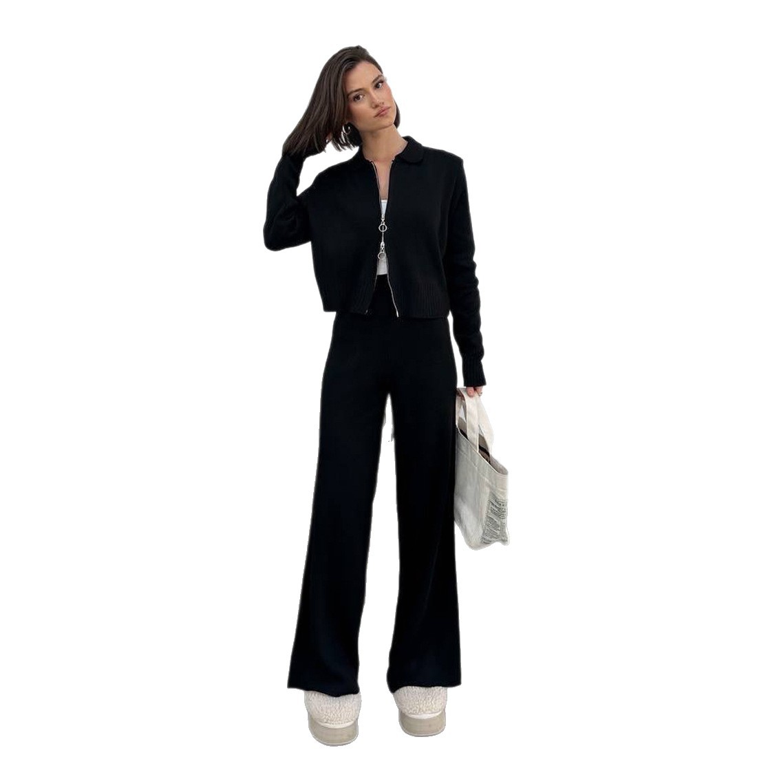 Women's Knitted Sweater & Wide-Leg Pants Set – Cozy Winter Loungewear With Double Zipper Detail_voghion.com