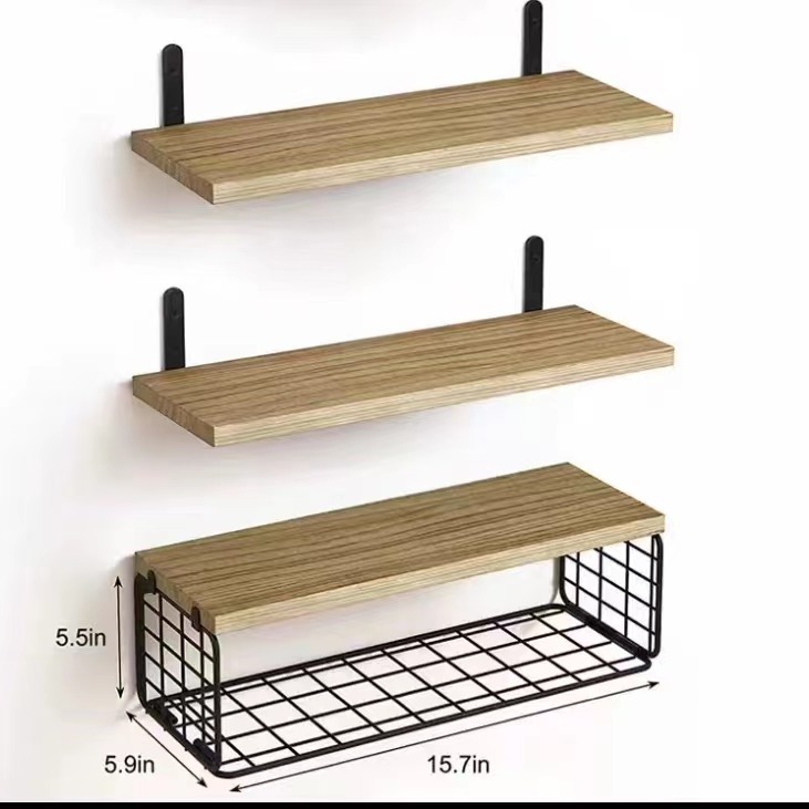 Wrought Iron Storage Rack Wooden Wall-Mounted Floating Shelf with Storage Basket Kitchen Organizer Creative Storage Rack