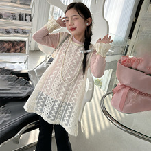 女童2024春秋韩版吊带时尚洋气仙女风镂空蕾丝针织长袖上衣两件套