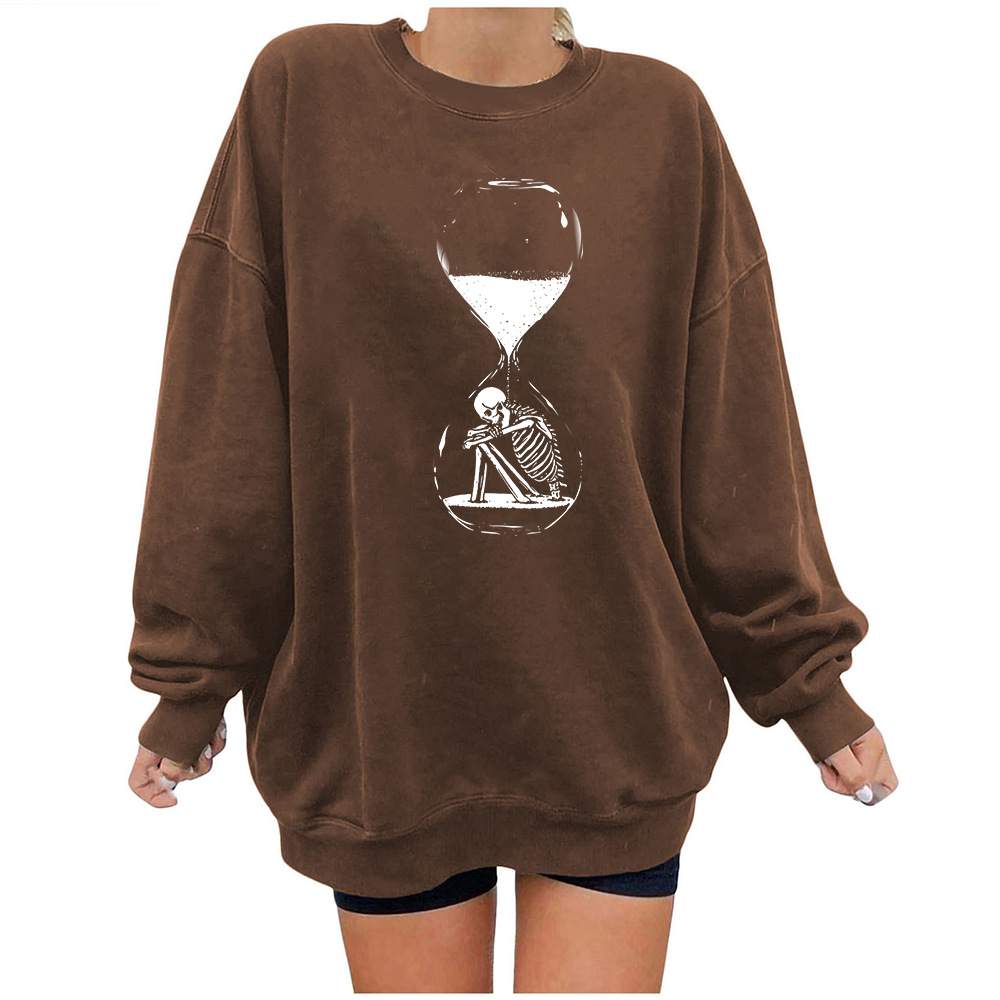 Halloween Sanduhr Skelett Fleece Rundhals Pullover Tropfen Schulter Langarm Herbst/Winter Warm Top Unisex_voghion.com