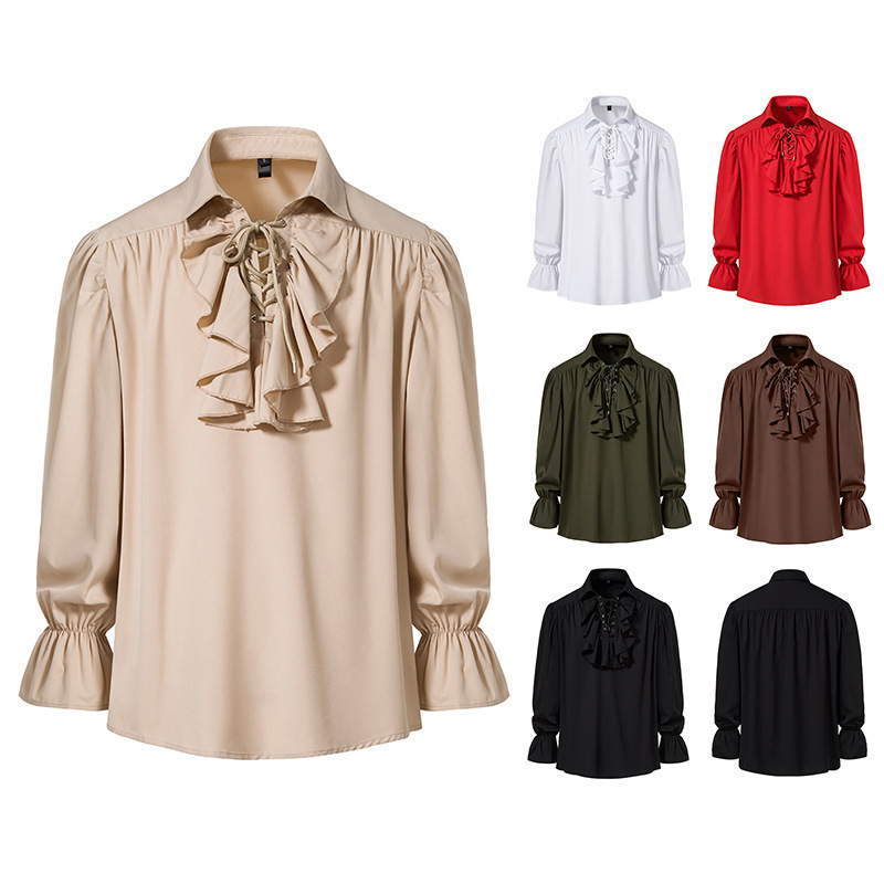 2025 New Men's Medieval Retro Performance Clothing Lace-Up Puff Sleeve Casual Shirt A516