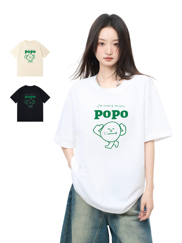 230 グラム夏の綿のトレンディなプリント T シャツ男性と女性のための若者アウターウェア半袖ルーズカラフルなカップルトップスイン|undefined