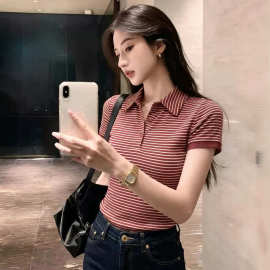女装条纹polo领短袖针织t恤2026夏款超好看气质上衣图片色欧美