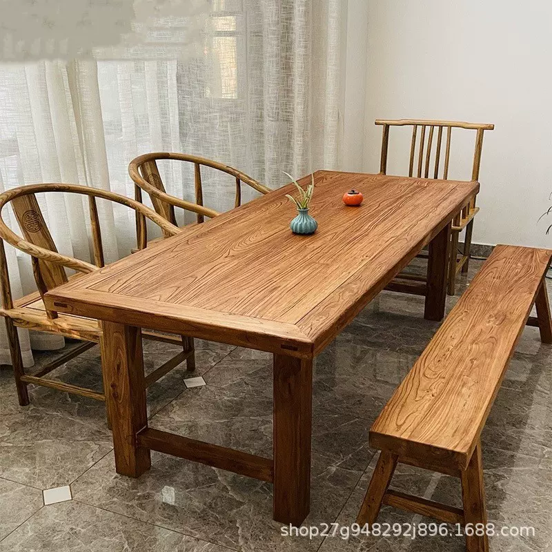 老榆木门板简约茶桌原木复古餐桌实木书桌怀旧风民宿饭店餐桌