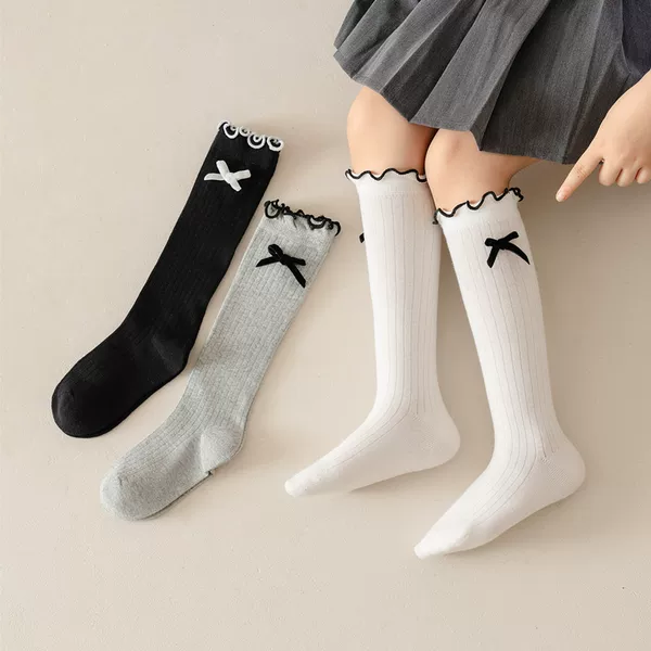 Korean Style Shin Socks Thin Bow Japanese College Sweet Knitted Ins Medium Breathable Boneless Stacked Socks