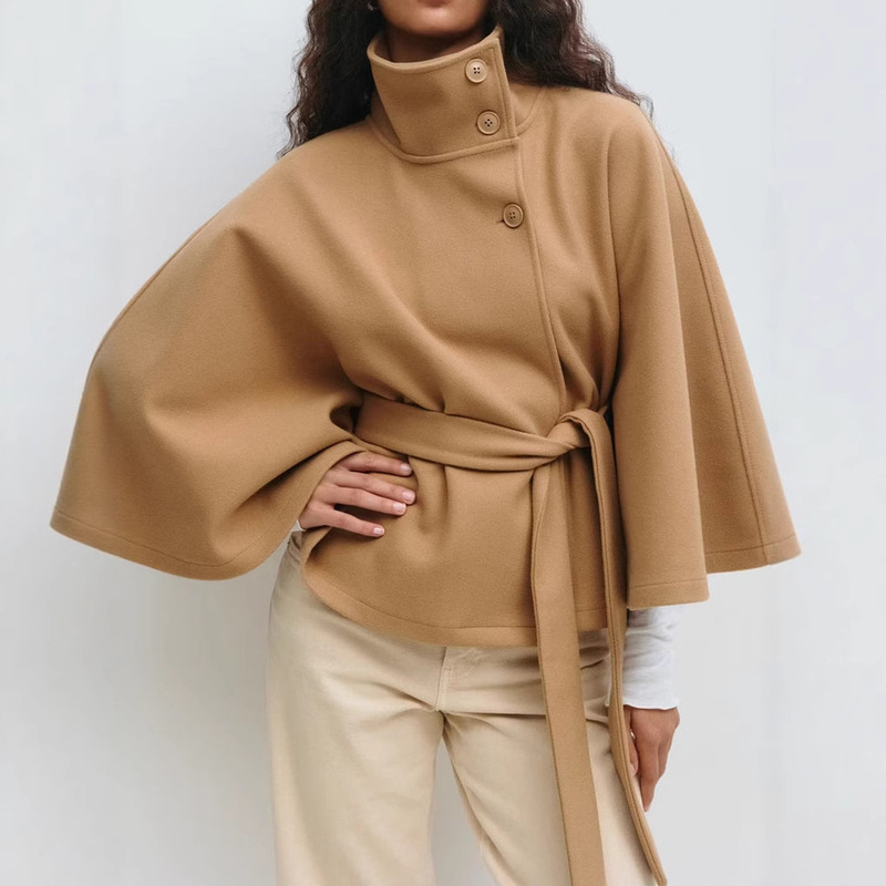 European and American Women's Autumn and Winter New Amazon Cross-Border Fashion Solid Color Cape Stand Collar Button Belt Trench Coat Jacket European and American Women's Autumn and Winter New Amazon Cross-Border Fashion Solid Color Cape Stand Collar Button Belt Trench Coat Jacket