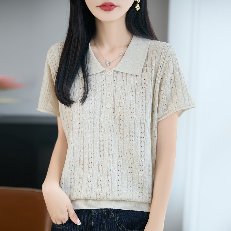 French-Style Elegant Lapel Hollow-Out Ice Linen Knit Short-Sleeve Women's T-Shirt, Summer Thin Ultra-Light Breathable Top French-Style Elegant Lapel Hollow-Out Ice Linen Knit Short-Sleeve Women's T-Shirt, Summer Thin Ultra-Light Breathable Top
