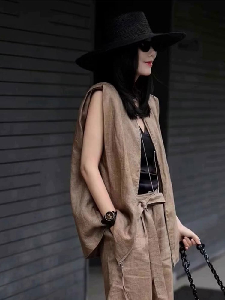 Bộ áo vest và quần dài phong cách Chanel nữ mùa hè 2024 chất liệu cotton pha lanh — Màu kaki chi tiết 7