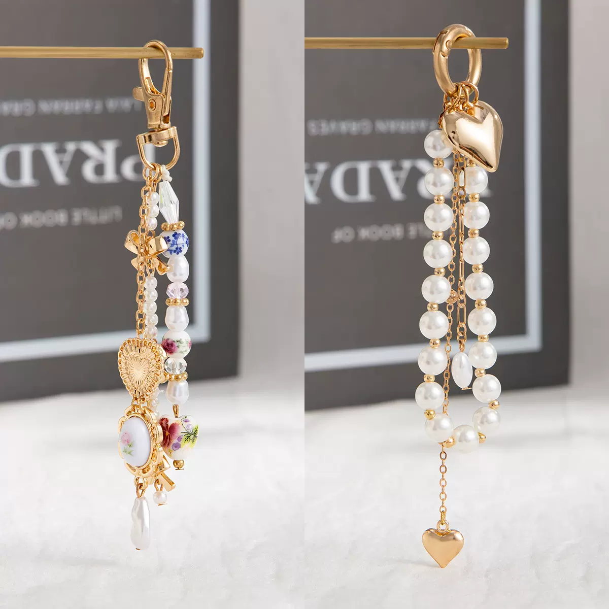 欧美跨境饰品 时尚陶瓷珍珠吊坠钥匙扣 简约合金爱心流苏包包挂饰