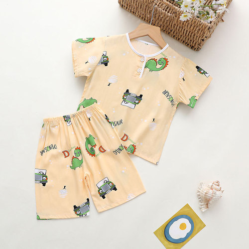 Children's Summer Pajama Set for Boys and Girls, Cotton Silk Home Wear Suit, Thin for Baby, Long Sleeve Air Conditioning Shorts