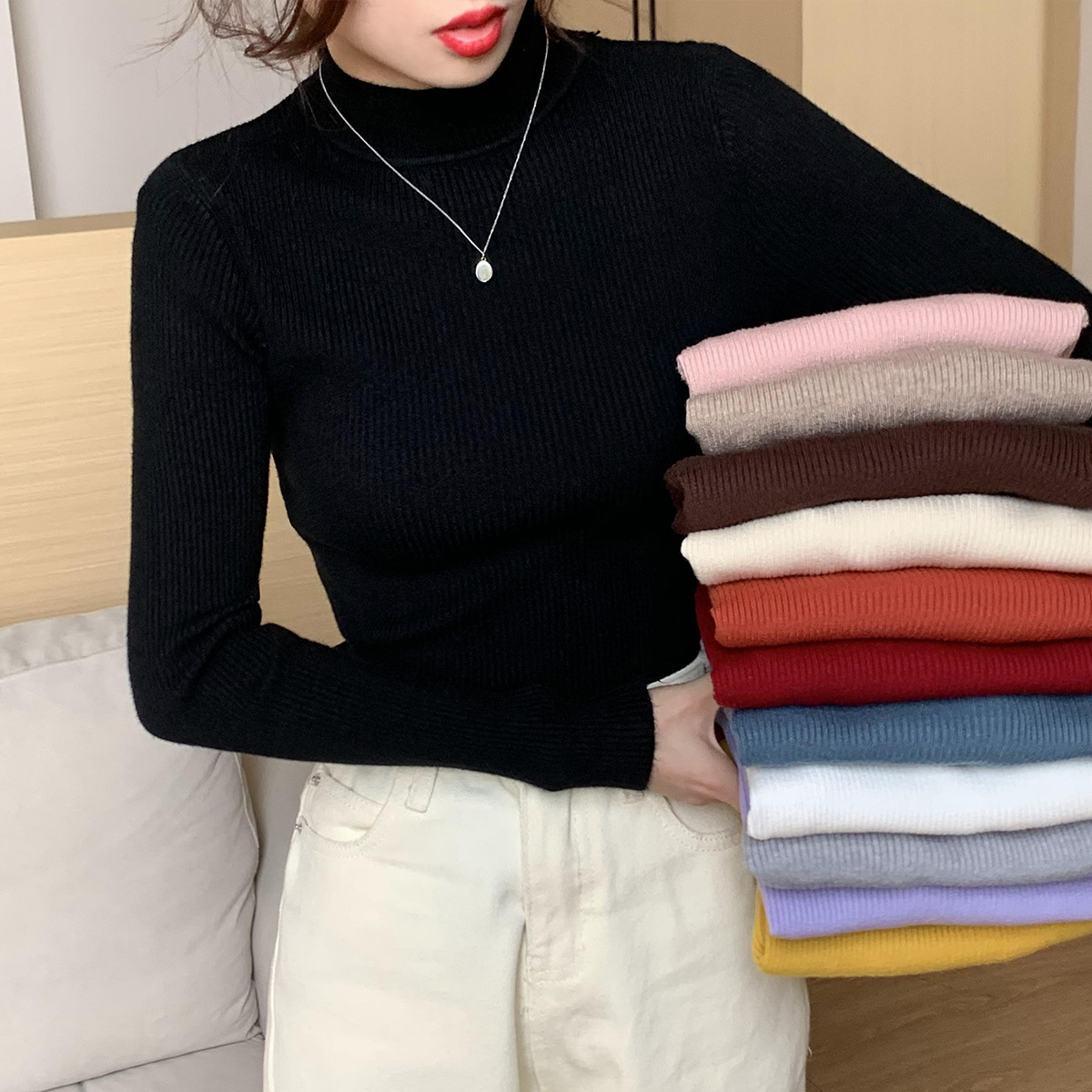 High Neck Long-Sleeved Slim Pullover Wool Top NSFYF85663