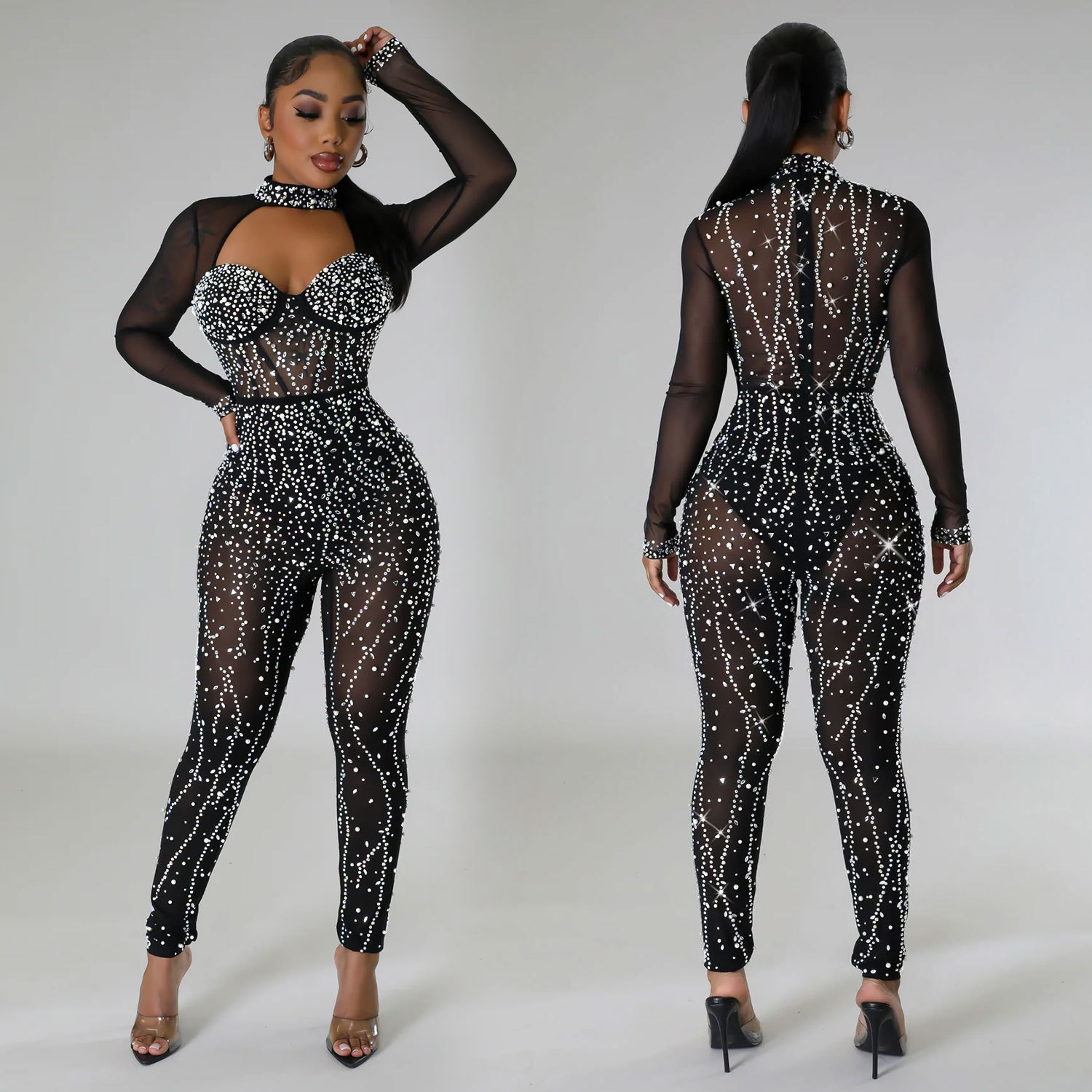 C6788 cross-border AliExpress Amazon European and American fashion women's solid color mesh rhinestone long-sleeved trousers jumpsuit
