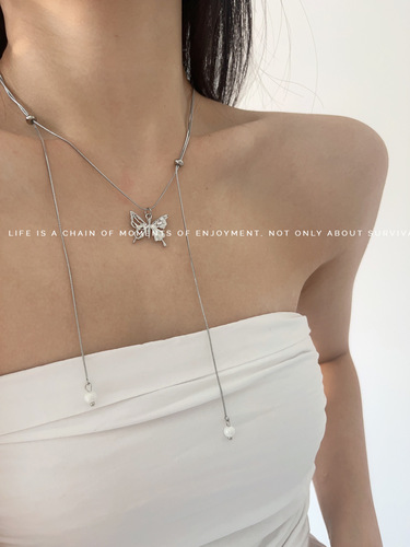 Silver Butterfly Pull-Chain Necklace for Women, Chic Cold Wind, Light Luxury Clavicle Chain, Fashion  New Arrival, Versatile Collar Necklace