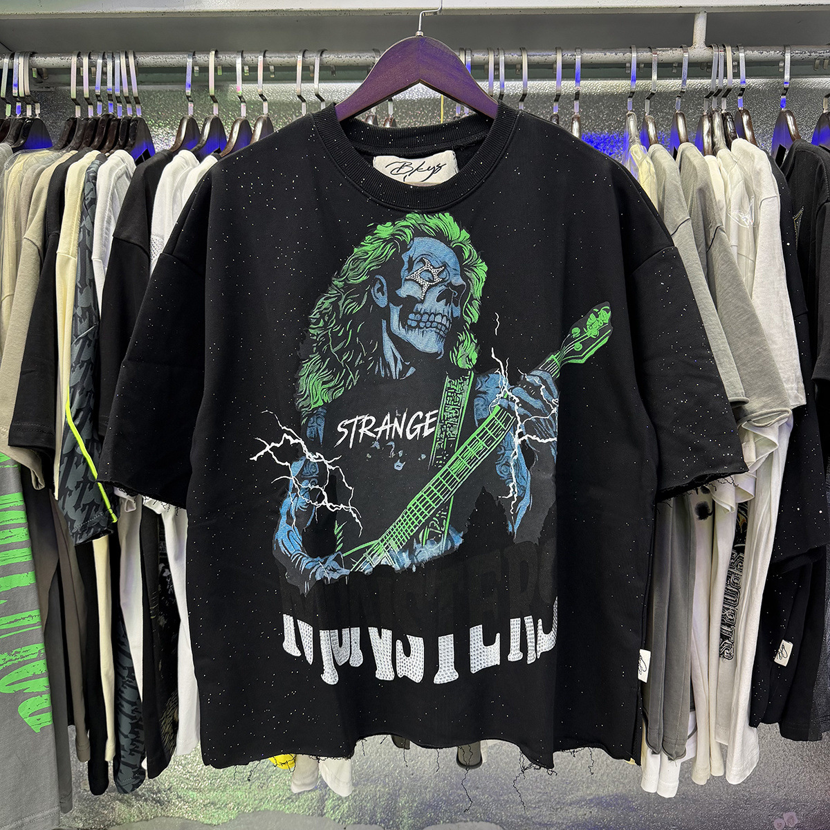 Transfronterizo nueva venta en caliente BKS camiseta de manga corta extraña esqueleto retro lavado de agua caliente perforación en caliente para hombres y mujeres de moda en stock lotes