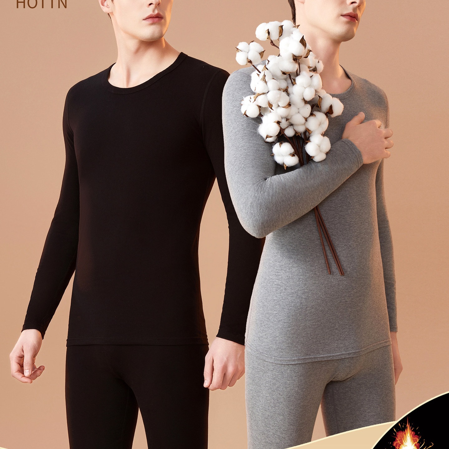 Men's cotton thermal underwear set, thin and warm, plus size, base layer cotton sweater, round neck, autumn and winter.