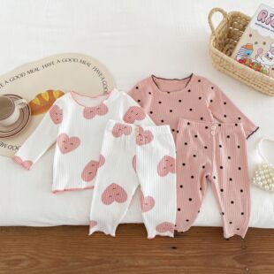 2025 New Baby Girl Cute Long Sleeve Printed Love Dot Home Clothes Girls Two-Piece Set