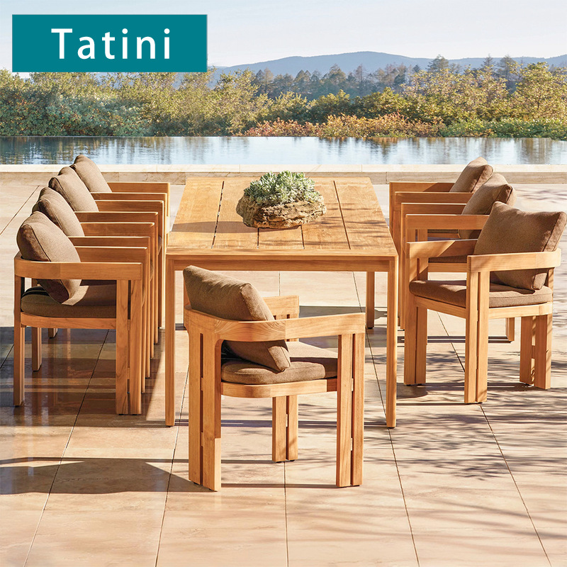 Mesa y silla de teca al aire libre, terraza de jardín al aire libre, muebles impermeables, protección solar, villa, patio, combinación de mesa y silla de madera maciza