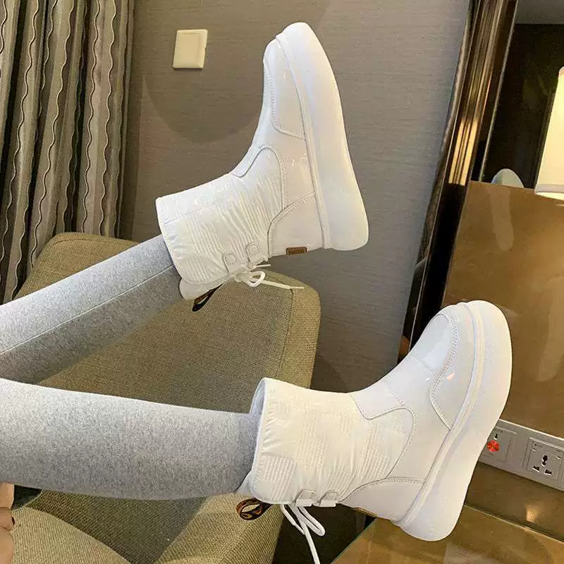 Fleece winter white boots, universal shoes platform, mid-length