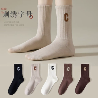 袜子女中筒袜春夏纯色字母C刺绣棉袜吸汗透气长袜网红竖纹堆堆袜