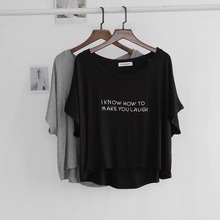 大码300斤冰丝恤罩衫女夏季字母印花宽松遮肉蝙蝠衫白色灰色黑色