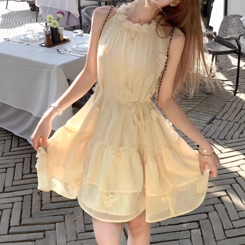 Grapefruit Sparkling Water/Milk Yellow Halter Neck Dress Early Spring French-Style Sheer Short Dress Doll Dress Fairy-Like