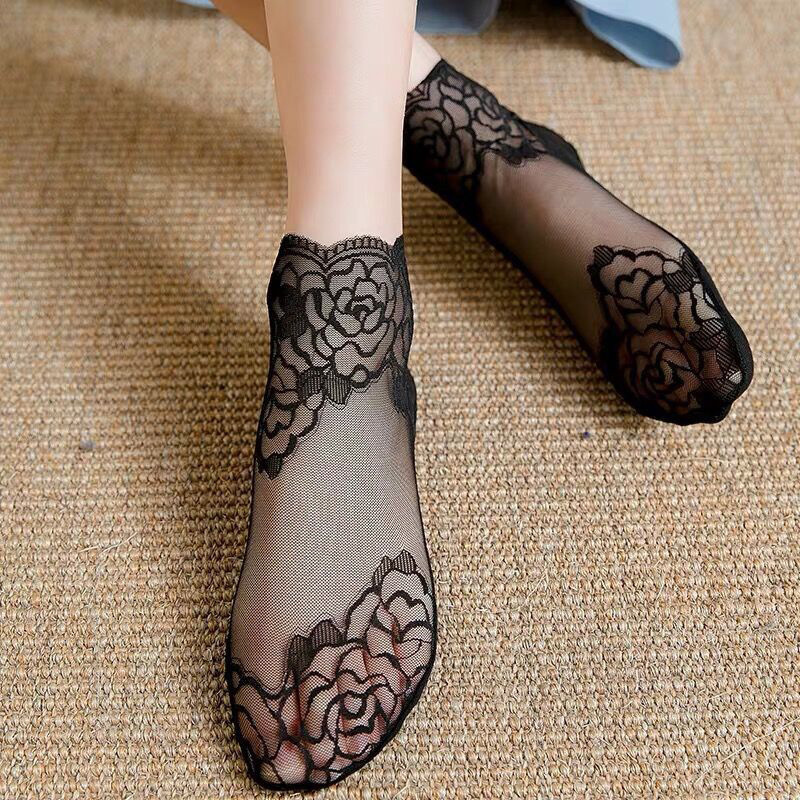 Women's Lace Short Socks, Spring and Summer Thin Low-Cut Rose Lace Stockings, Invisible Boat Socks, Trendy on Instagram