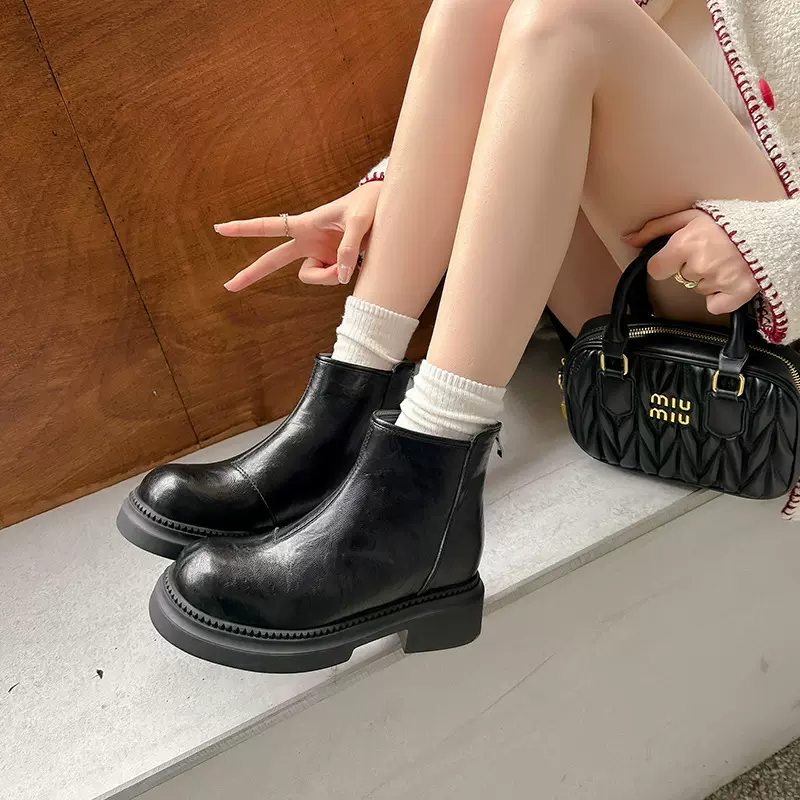 牛皮版~8cm内增高短靴女2025年新款秋冬百搭保暖厚绒靴子女马丁靴